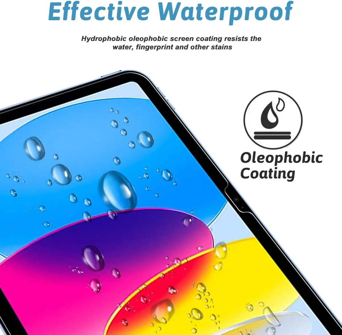 Close-up of a smartphone screen showing water beading on a colorful glass screen protector.
