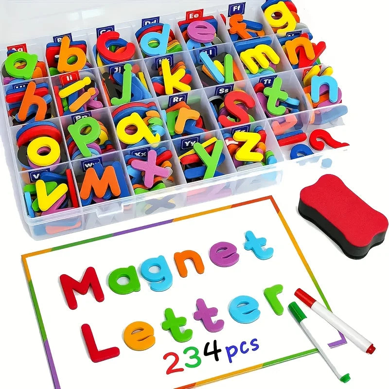 A plastic container filled with multi-color letter fridge magnets and a sheet of paper showing letters.