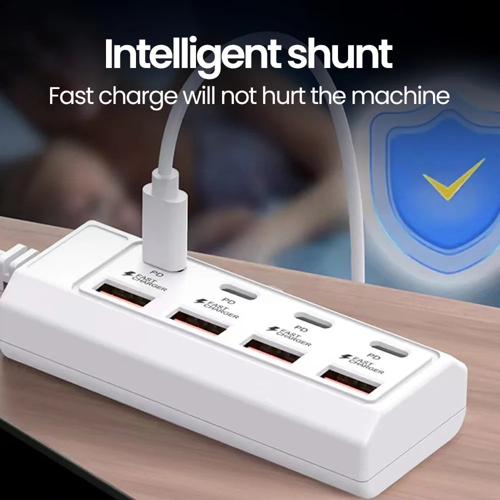 A white 8-in-1 USB wall outlet adapter with multiple ports is shown on a wooden surface.