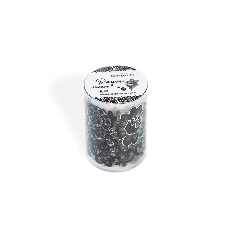 Roll of decorative silver stamping lace tape with a label reading Rayon dream