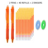 A set of two orange pens, forty refills, and two erasers for gel pens.