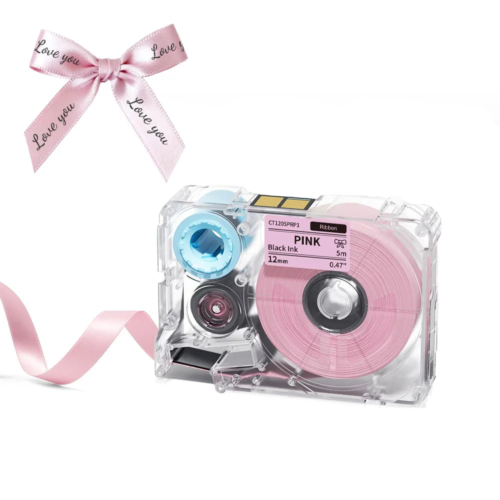 A clear plastic label maker device with pink ribbon and black ink roll visible.