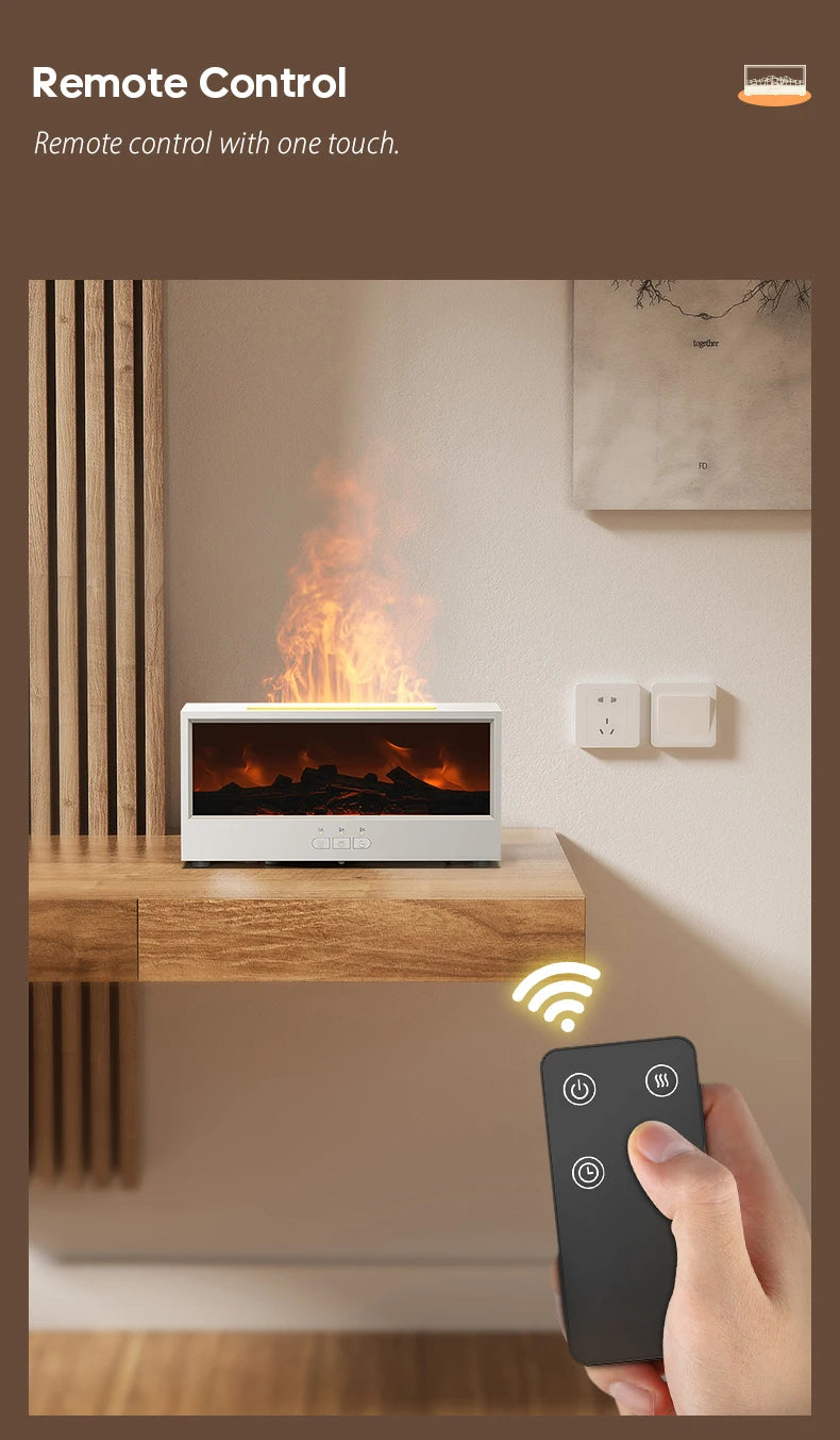 A hand holds a remote control next to an aroma essential oil diffuser emitting light and smoke in a modern interior.
