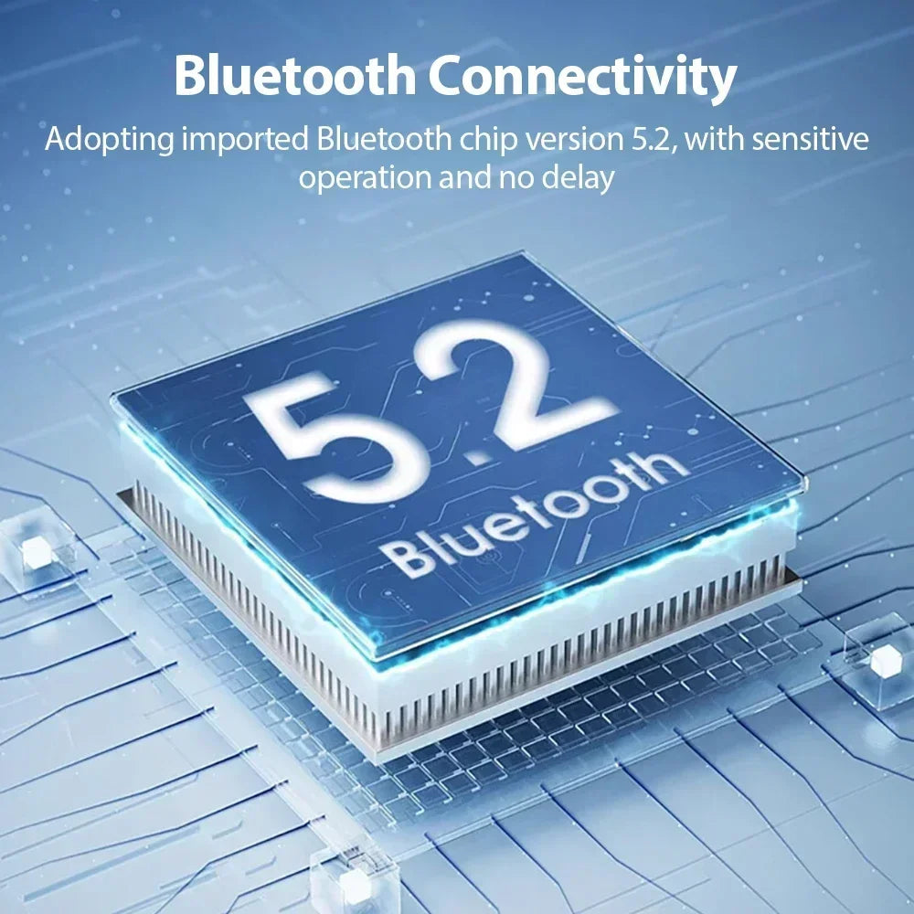 A close-up view of a blue Bluetooth chip labeled 5.2 on a circuit board with digital lines in the background.