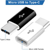 A black and white adapter converting a Micro USB connector to a Type-C male connector.