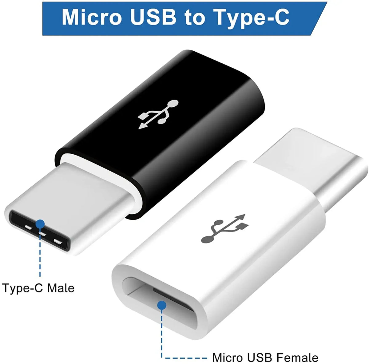 A black and white adapter converting a Micro USB connector to a Type-C male connector.