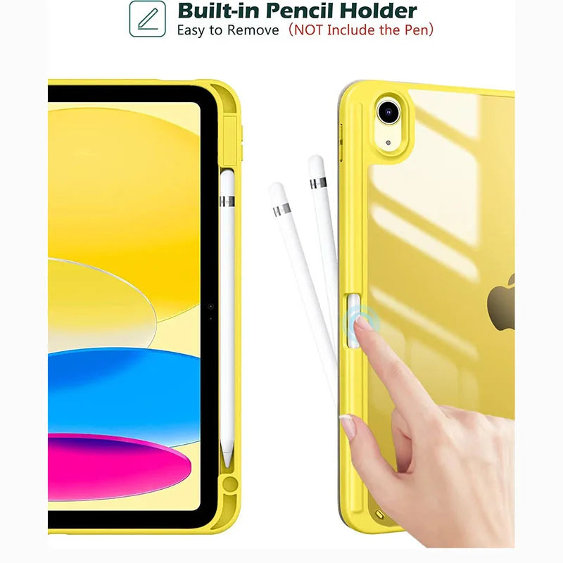 A yellow hybrid protective case for an iPad, showing a built-in pencil holder feature.