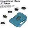 A blue battery mount adapter for Makita 18V lithium-ion batteries.