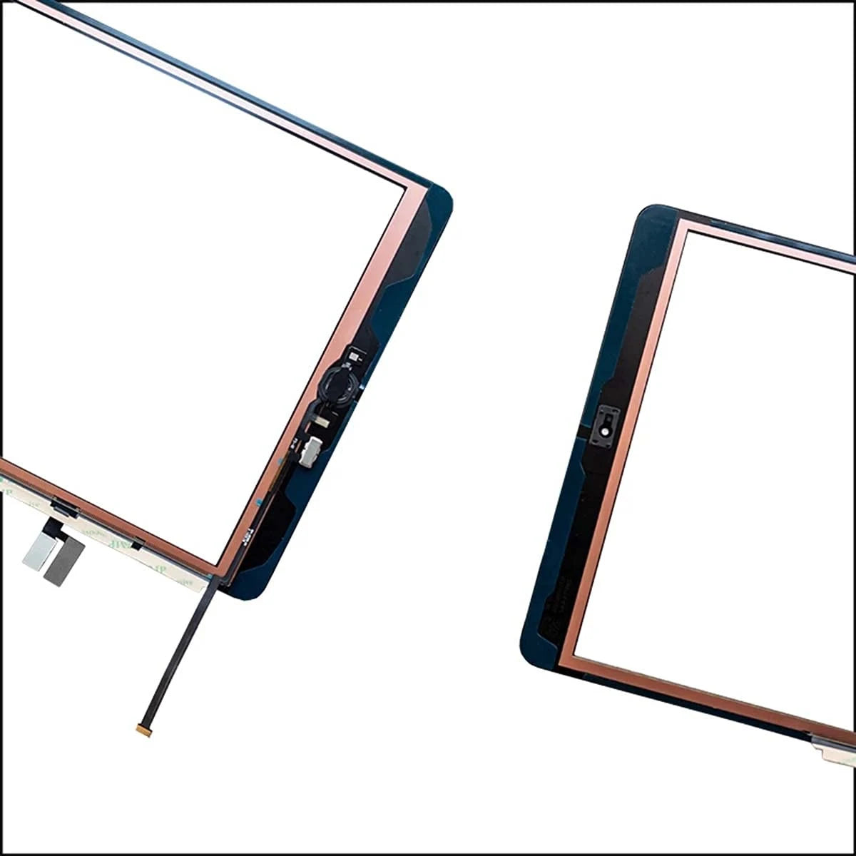 Nahaufnahme eines Ersatzmoduls für den Touchscreen eines schwarzen iPads.