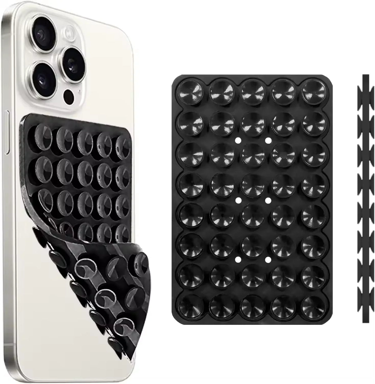 A silver smartphone case and a black silicone suction cup mount with multiple holes for mounting.
