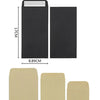 A set of three black kraft envelopes shown with their dimensions: 8.89x17cm, 7.9x14cm, and 5.7x8.89cm.
