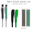 A set of six black and green metal carpenter pencils with built-in sharpener caps and a box of lead.