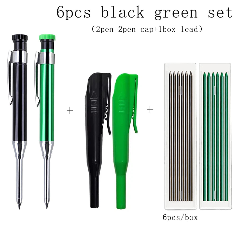 A set of six black and green metal carpenter pencils with built-in sharpener caps and a box of lead.