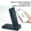 A black magnetic foldable wireless charging stand is shown next to a smartphone, demonstrating convenient fast charging.