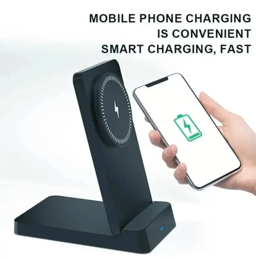 A black magnetic foldable wireless charging stand is shown next to a smartphone, demonstrating convenient fast charging.