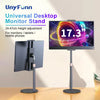 A black desktop monitor is shown mounted on a universal stand with height adjustment.