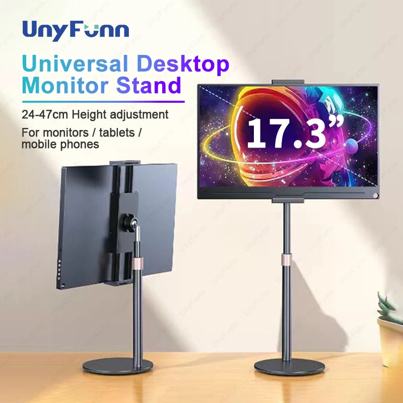 A black desktop monitor is shown mounted on a universal stand with height adjustment.
