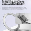 A silver magnetic tablet holder is shown with a circular grip and a flat base, demonstrating its stability.