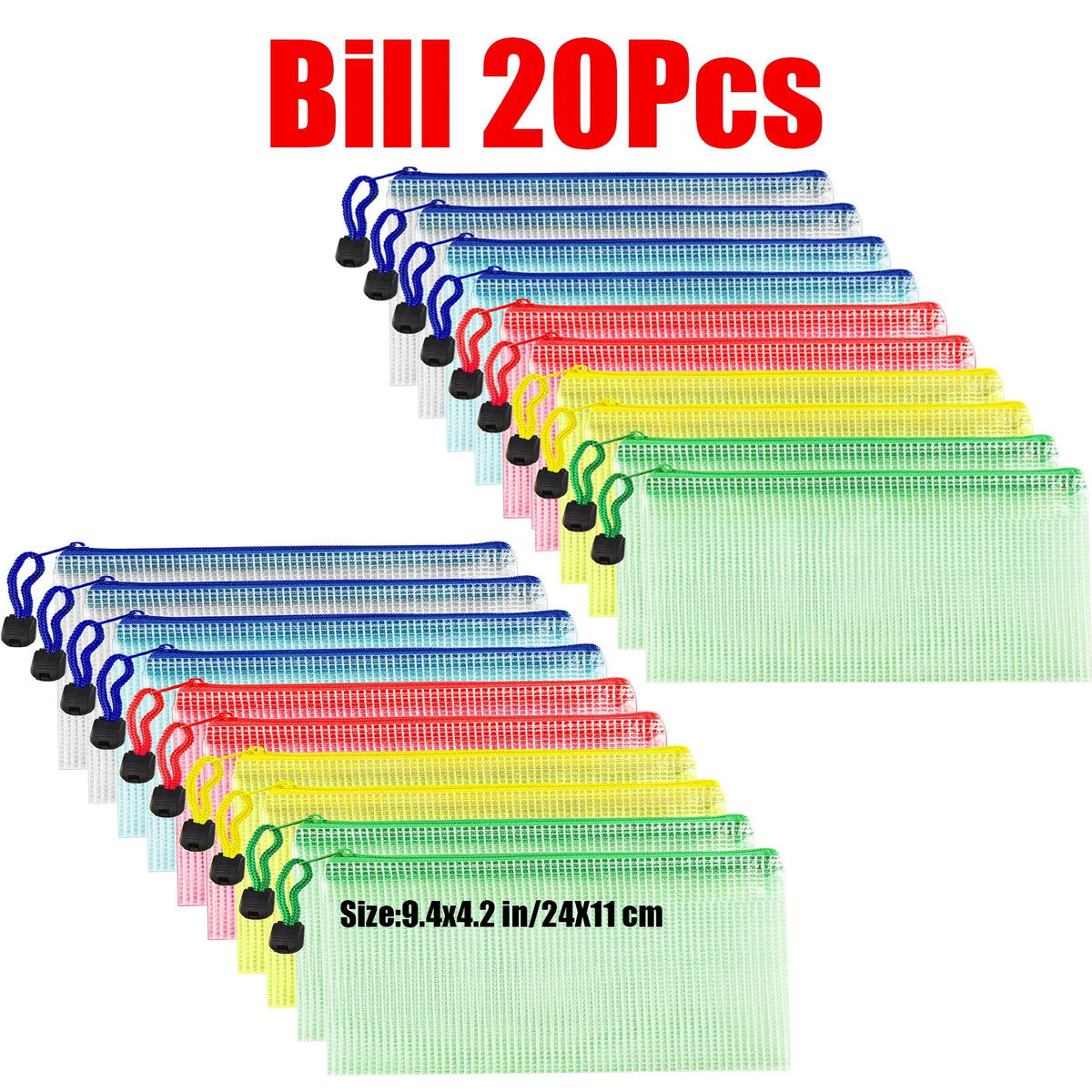 Colección de 20 bolsas organizadoras de documentos transparentes con cremallera en varios colores, incluyendo azul, rojo, ama