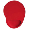 A bright red ergonomic mouse pad featuring a contoured shape for wrist support.