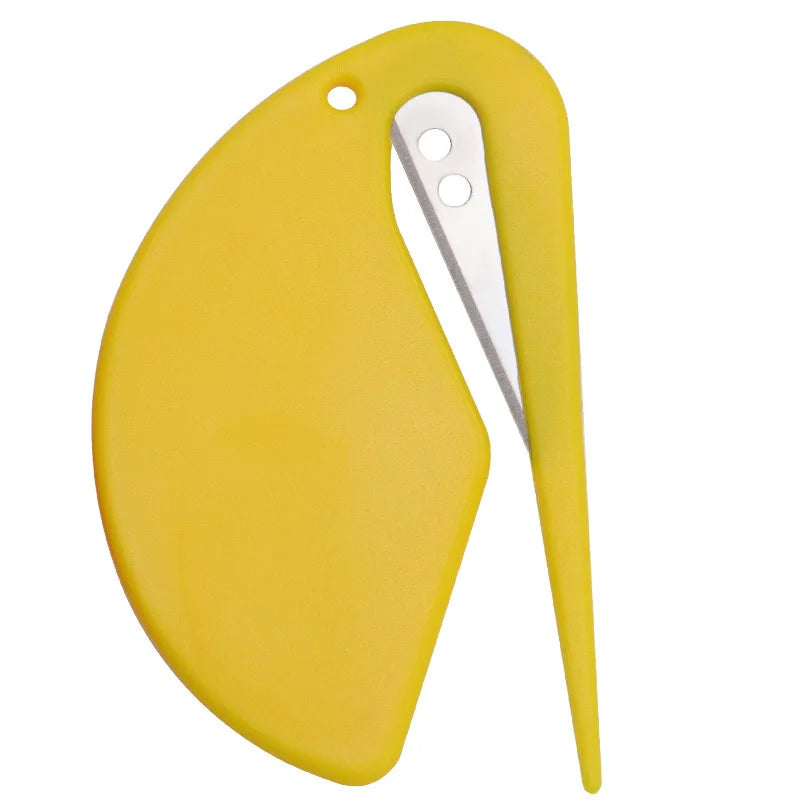 A yellow letter opener with a white blade and handle.