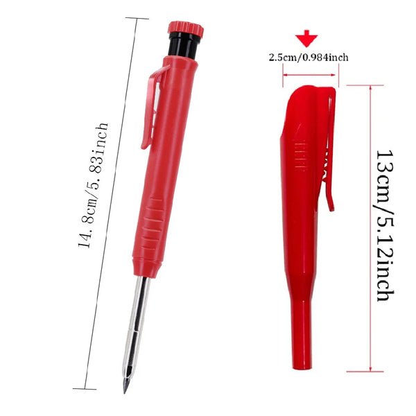 A red precision carpenter pencil set showing three pens and refills with dimensions provided.