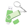 A green flash drive with a metal body and a keyring attachment.