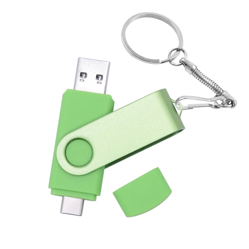 A green flash drive with a metal body and a keyring attachment.