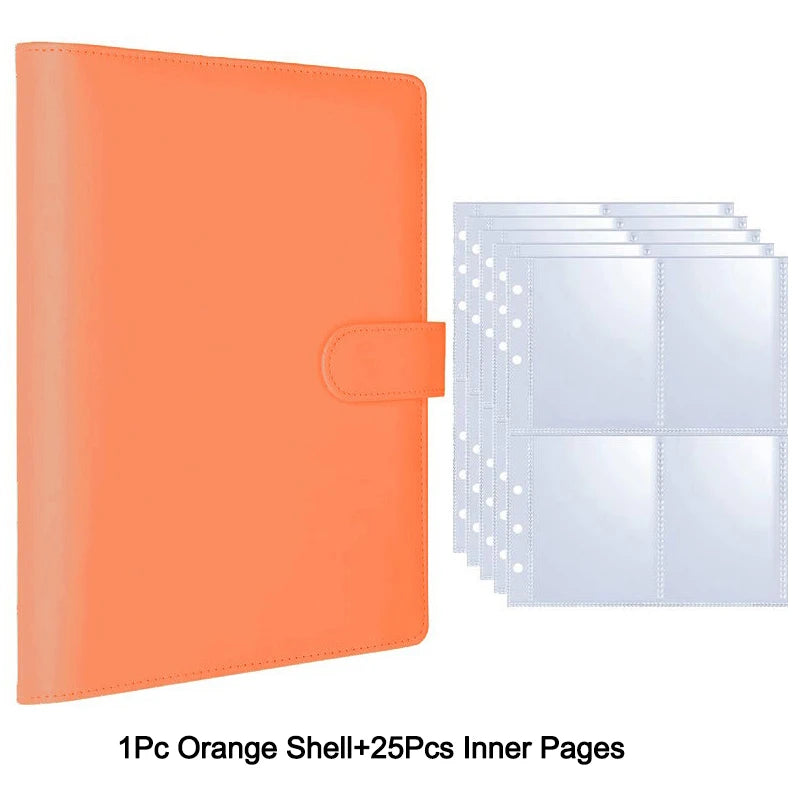 An orange shell photo album binder with twenty-five inner pages.