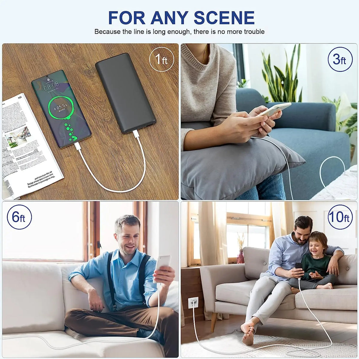 Un câble de charge rapide utilisé dans divers contextes : bureau, canapé et extérieur.