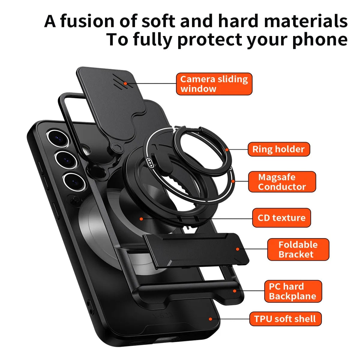 Black armor shockproof phone case featuring a camera sliding window, ring holder, CD texture, foldable bracket, and TPU soft 