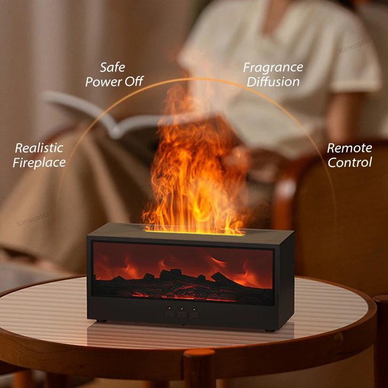 A black aroma essential oil diffuser is shown on a table, with an orange glow indicating safe power off and fragrance diffusi