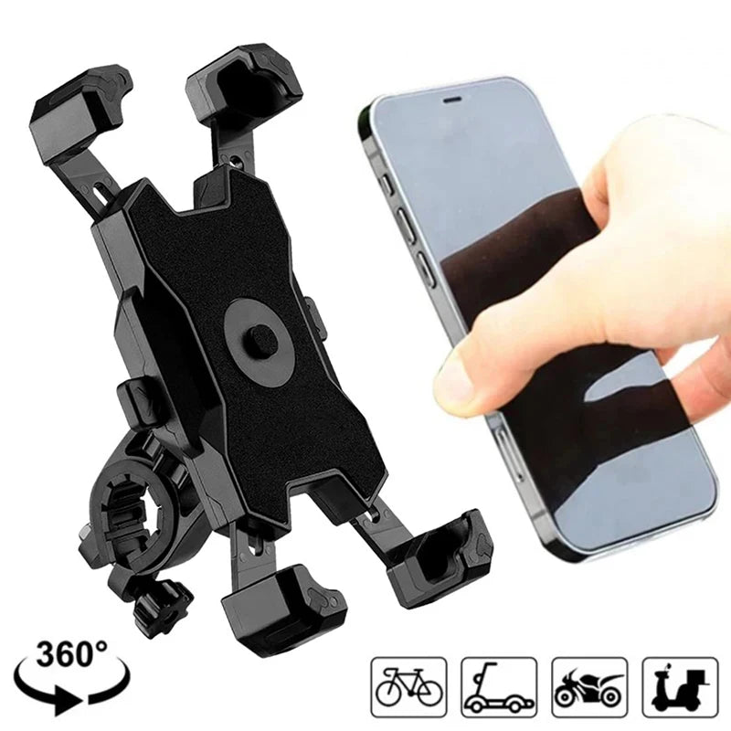 A black universal 360 degree rotating bike phone mount with shockproof grip shown next to a hand and various usage icons.