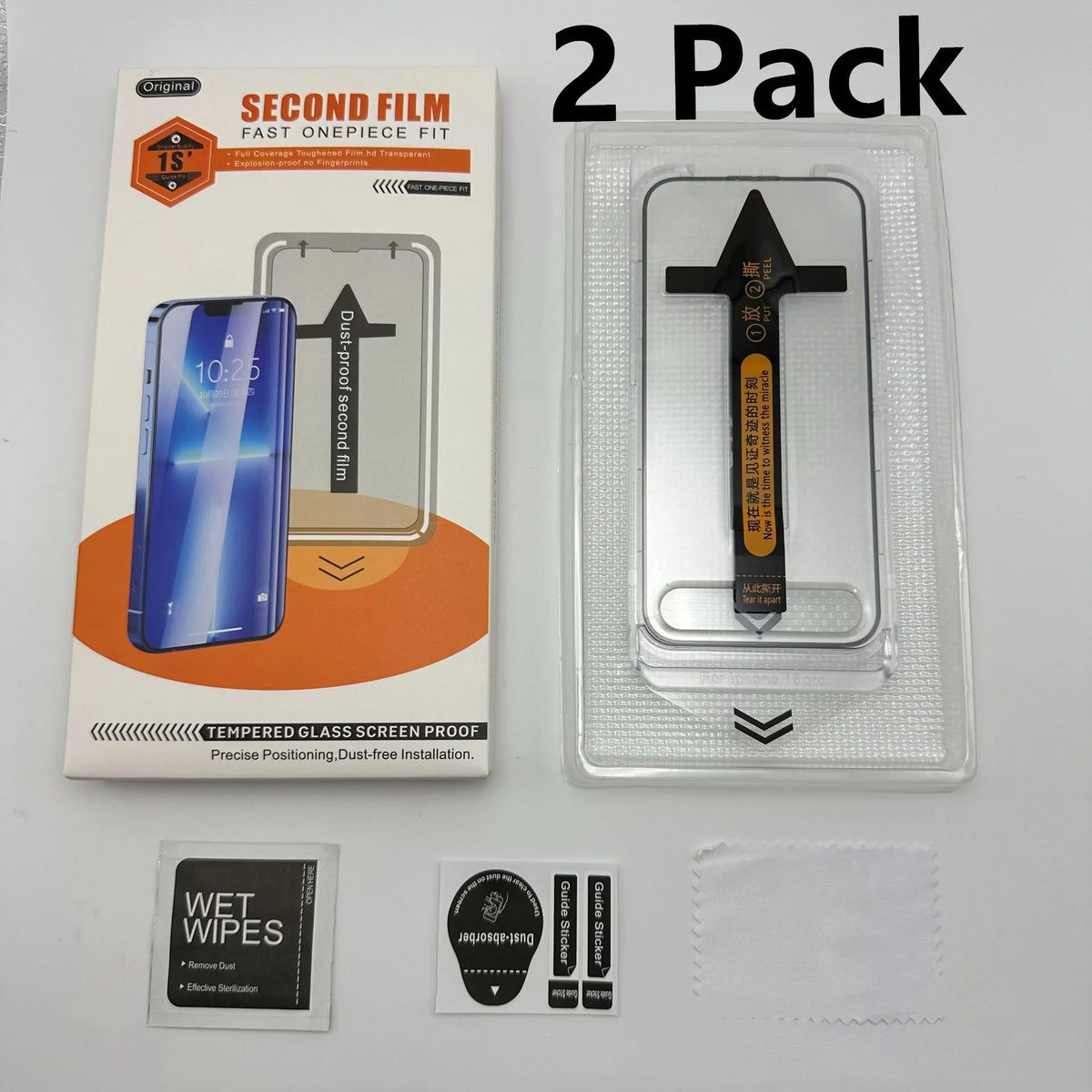 Paquete con dos juegos de protectores de pantalla de vidrio templado para iPhone 15 Pro Max, junto con toallitas húmedas