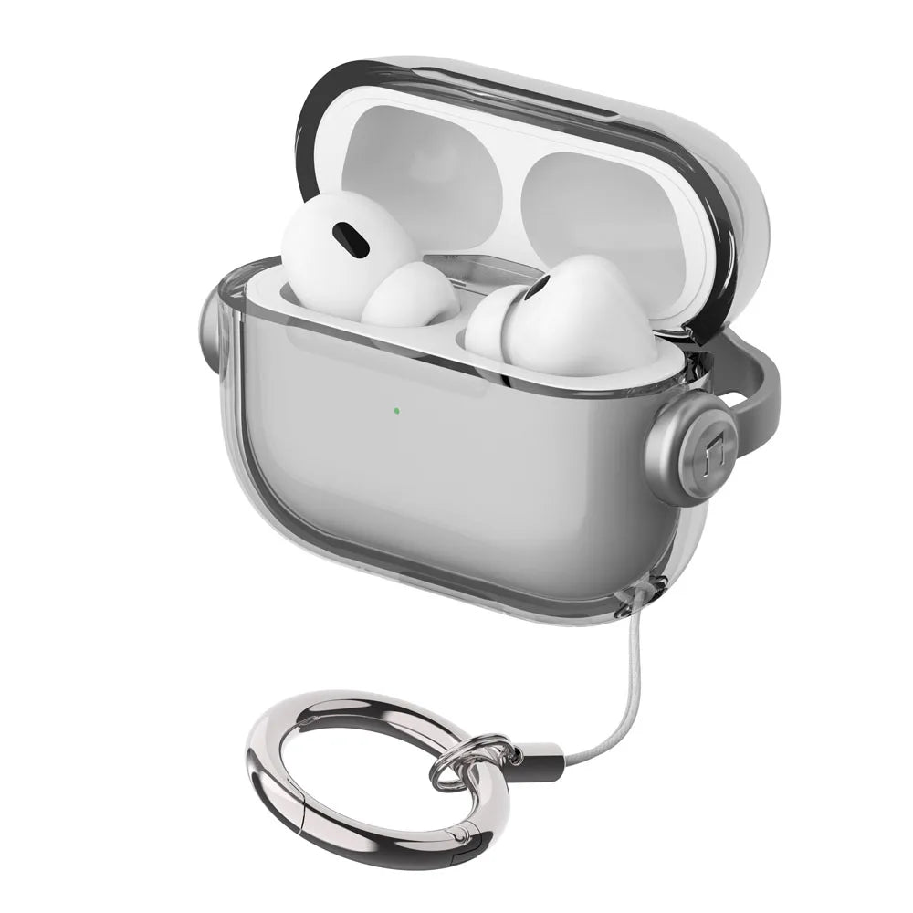 Silver silicone lock case for AirPods with a hinged lid and attached chain.