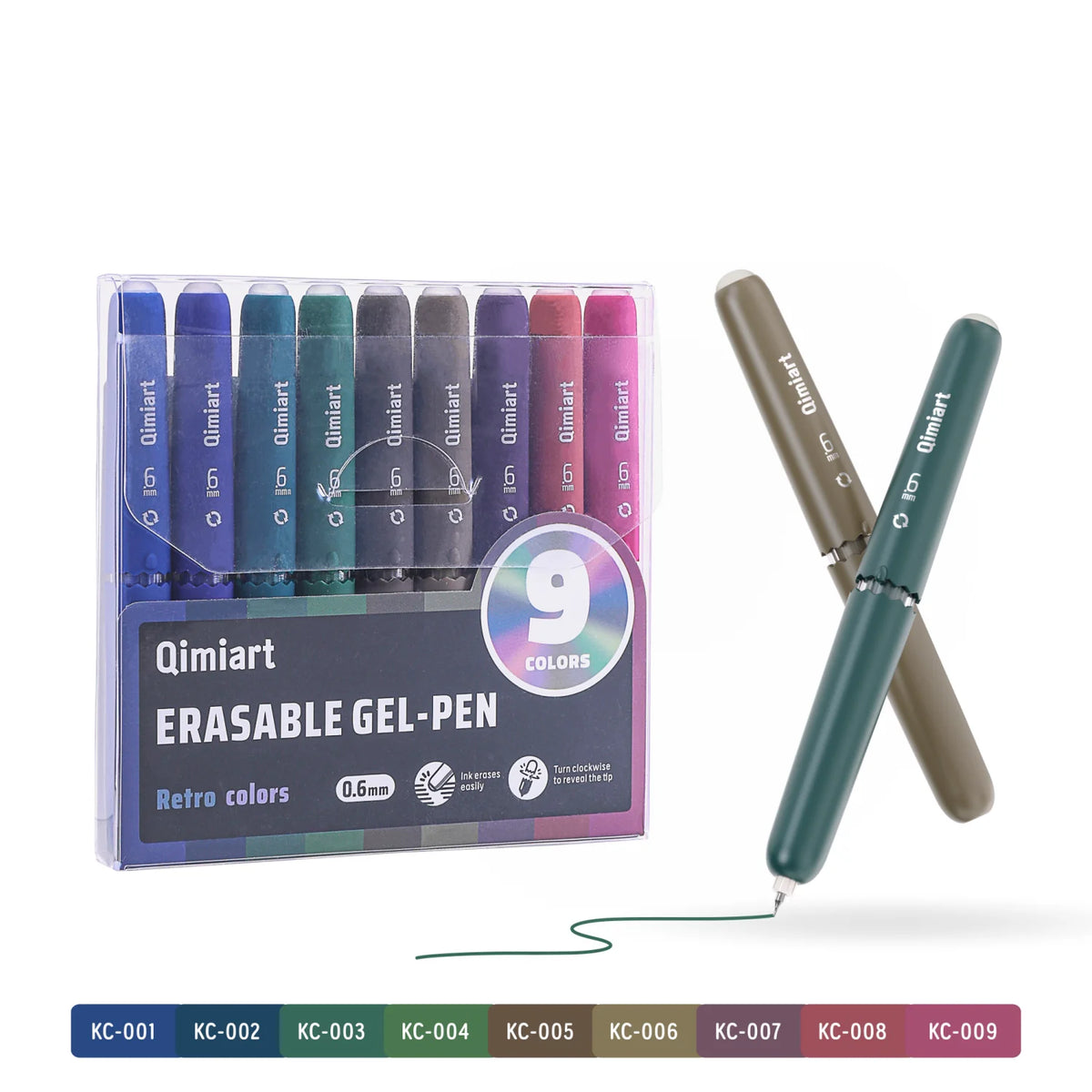 A set of nine colored erasable gel pens in a clear plastic case and an individual pen.