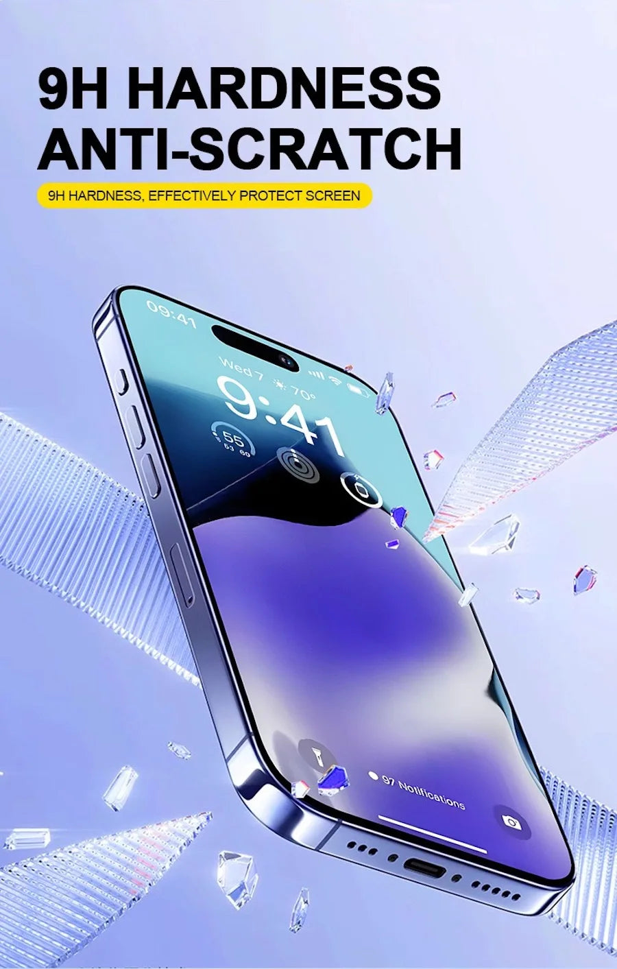 A close-up of a smartphone displaying a screen protector, emphasizing its 9H hardness and anti-scratch features.