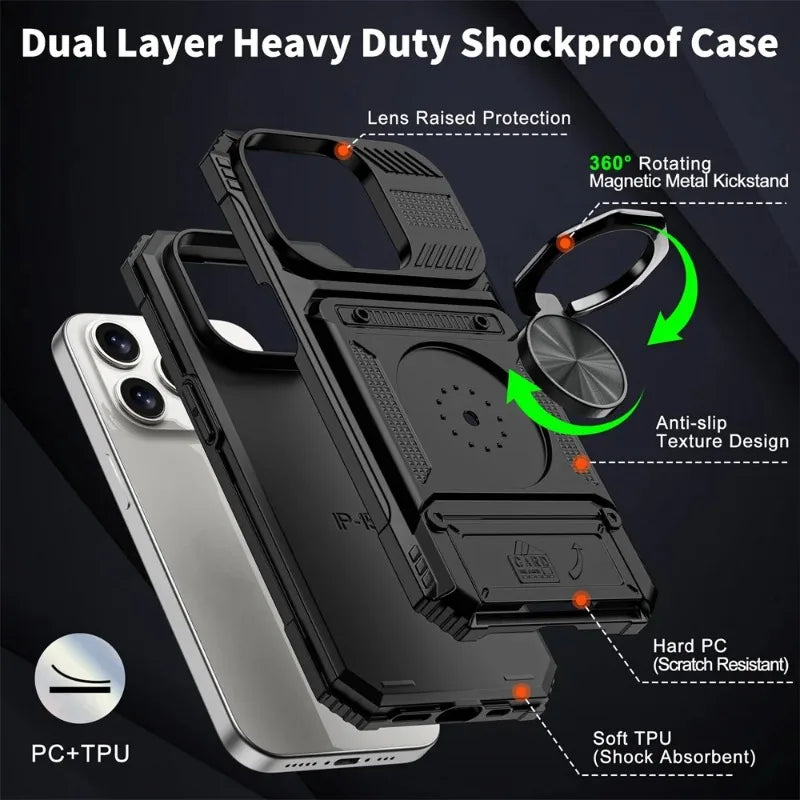 Dual layer shockproof case for a smartphone featuring a magnetic metal kickstand and anti-slip texture design