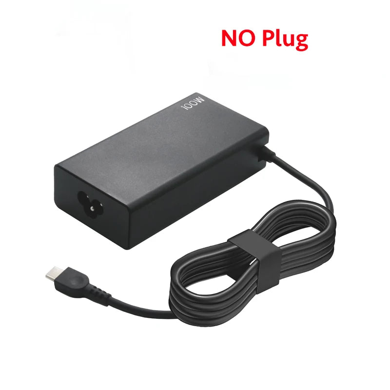 A black 100W USB-C PD laptop charger adapter with a coiled cable, labeled NO Plug.