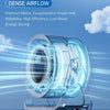A close-up view of a blue brushless motor with airflow lines, displayed on a modern desk setting.