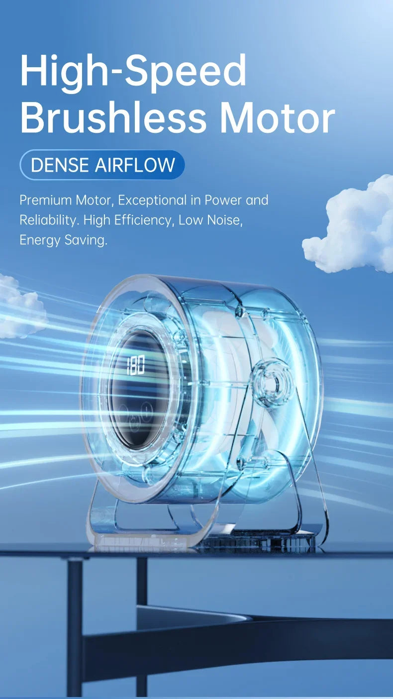 A close-up view of a blue brushless motor with airflow lines, displayed on a modern desk setting.