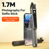 A portable Bluetooth selfie stick tripod with a smartphone, fill light, and remote control.