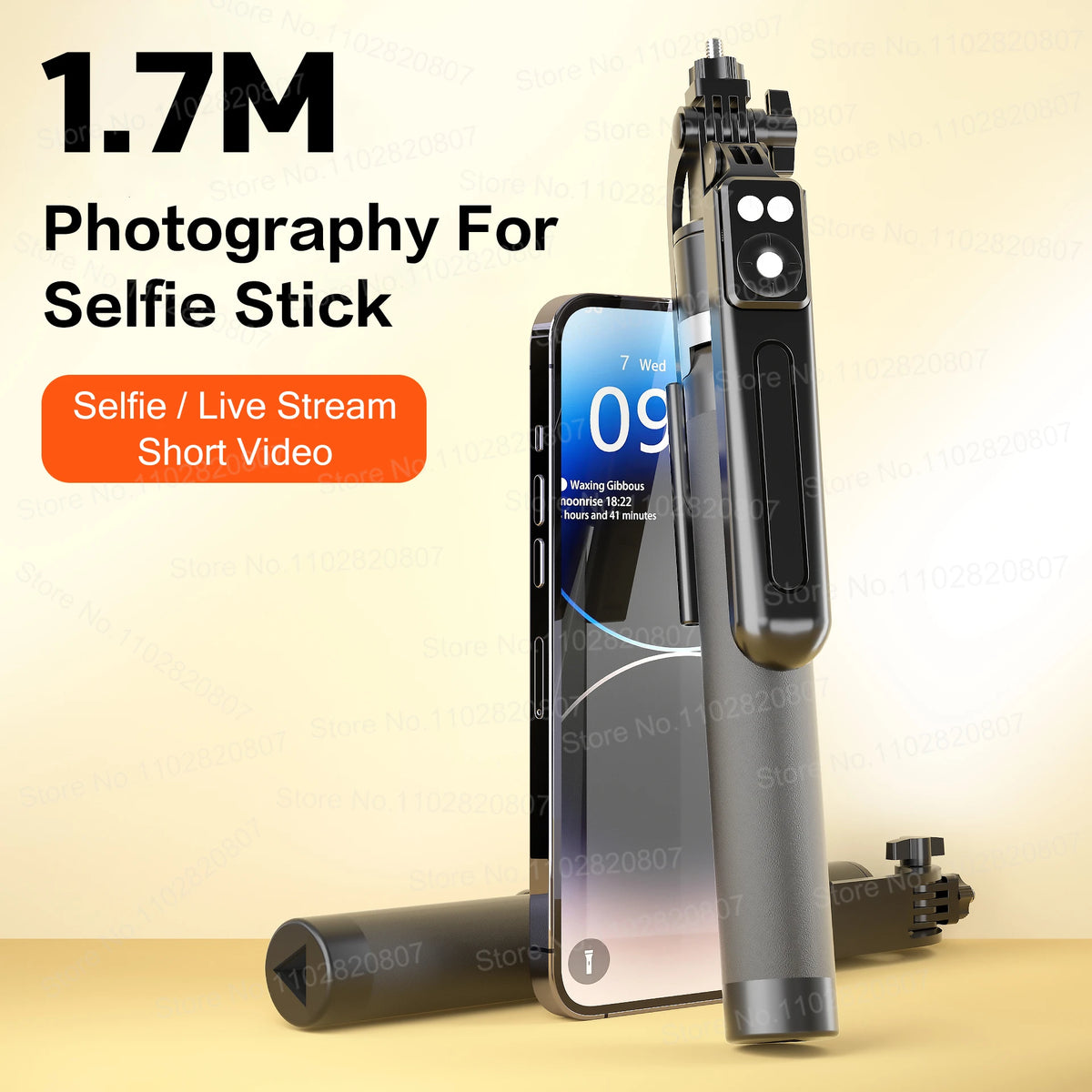 A portable Bluetooth selfie stick tripod with a smartphone, fill light, and remote control.