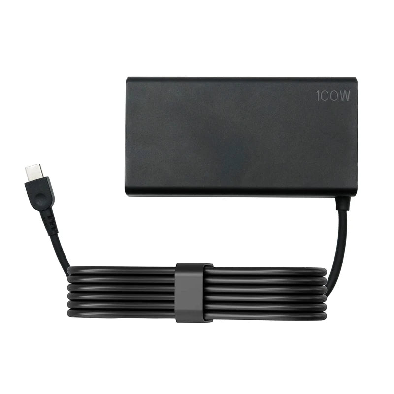A black 100W USB-C PD laptop charger adapter with a coiled cable.