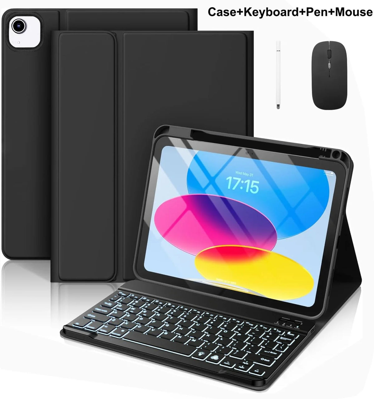 A black multi-function case for an iPad showing the tablet, a keyboard, pen, and mouse.
