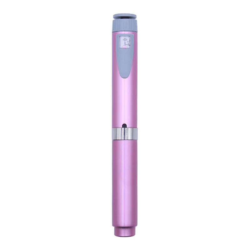 A reusable injection pen with an adjustable cartridge in a metallic pink and gray color scheme.