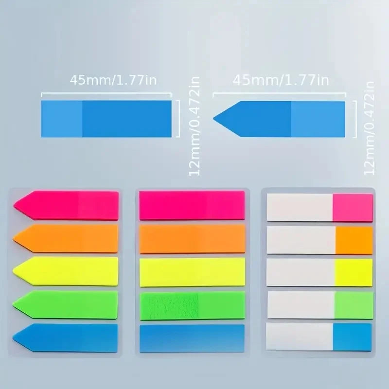 A set of fluorescent PET sticky notes with index tabs shown in various colors and angles.