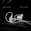 Two color options for high-fidelity wired in-ear headphones showing white and transparent black and transparent versions.