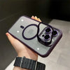A hand holds a purple magnetic shockproof phone case for an iPhone with a black strap.