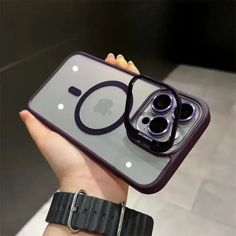 A hand holds a purple magnetic shockproof phone case for an iPhone with a black strap.